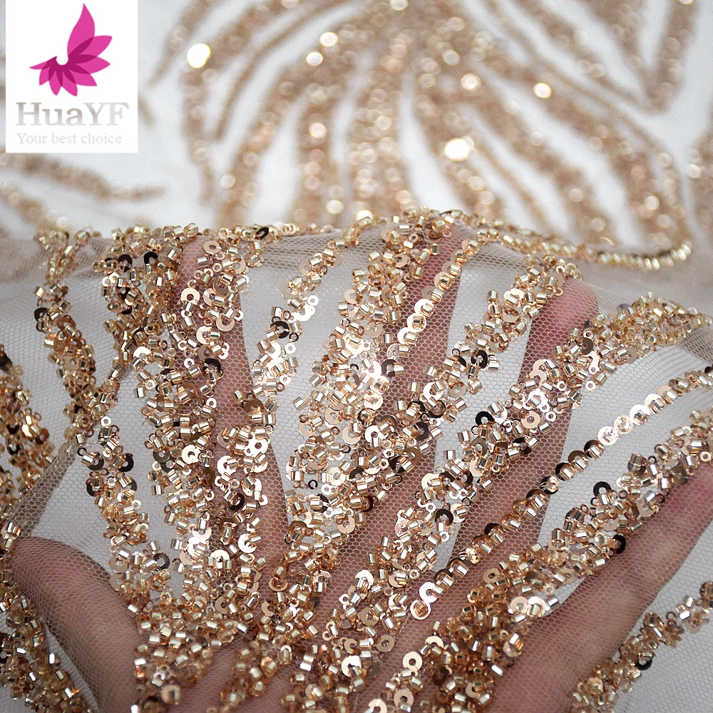 HY2090 Luxury rose gold Dubai lace fabric heavy beaded tulle lace embroidery 2023 elegant French dress lace wholesale