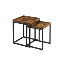 Vekin Living Room Furniture Set of 2 Side Tables Industrial Rustic Brown Nesting Tables Coffee Table Set with Raised Edges