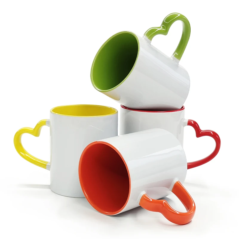 2023 New Design 11oz Coatings Mugs Sublimation Inner Mug Ceramic Coffee Mug with Heart Handle