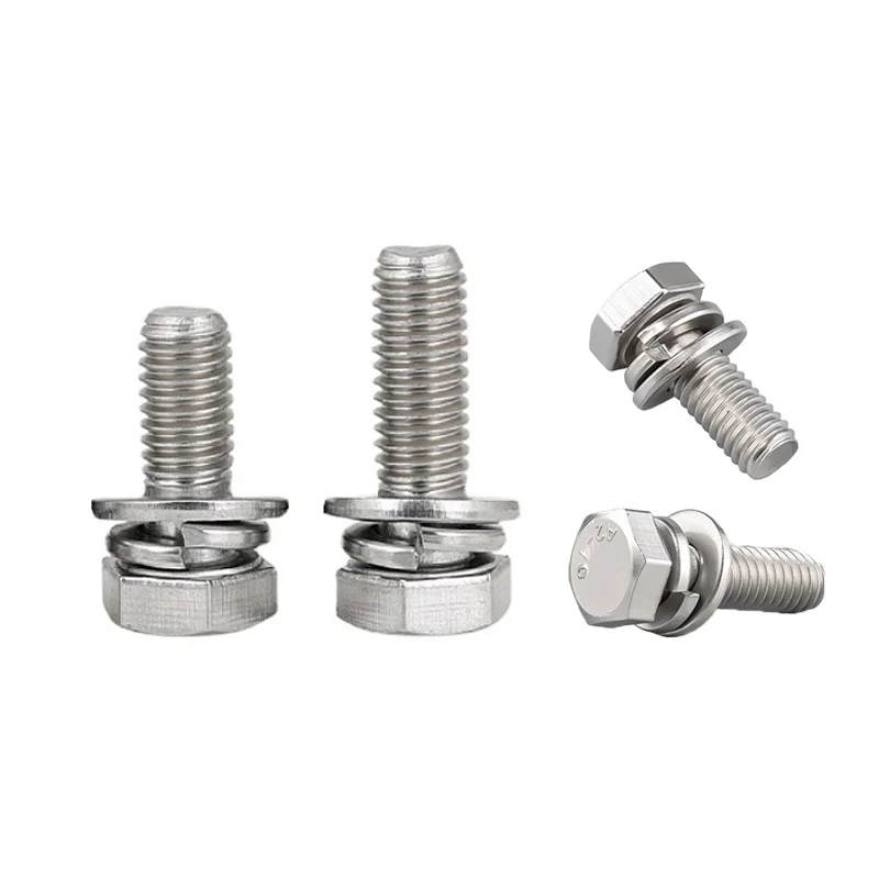 304 Stainless Steel Outer Hexagon Plus Flat Spring Washer / Hexagon Head Three Combination Screws M3-M12