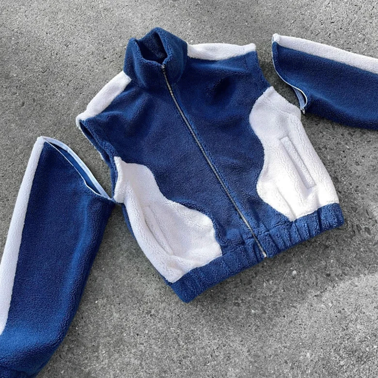 Streetwear Custom Embroidery Logo Detachable Sleeves Patchwork Jacket Heavyweight Zip Up Winter Fleece Jacket Men