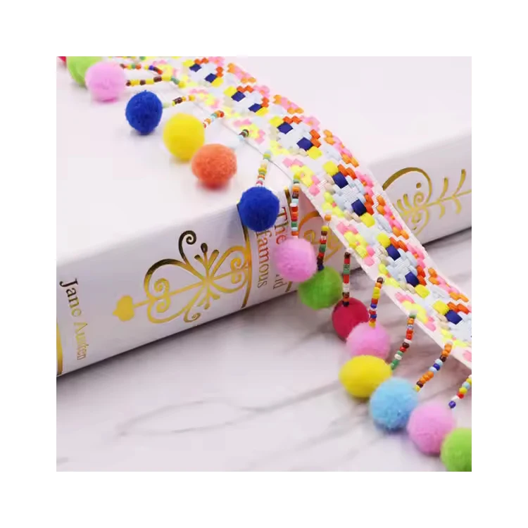 Hot Selling Colorful Wool Ball Lace Diy Handmade Nailed Beads National Style Ribbon Curtain Tassel Lace