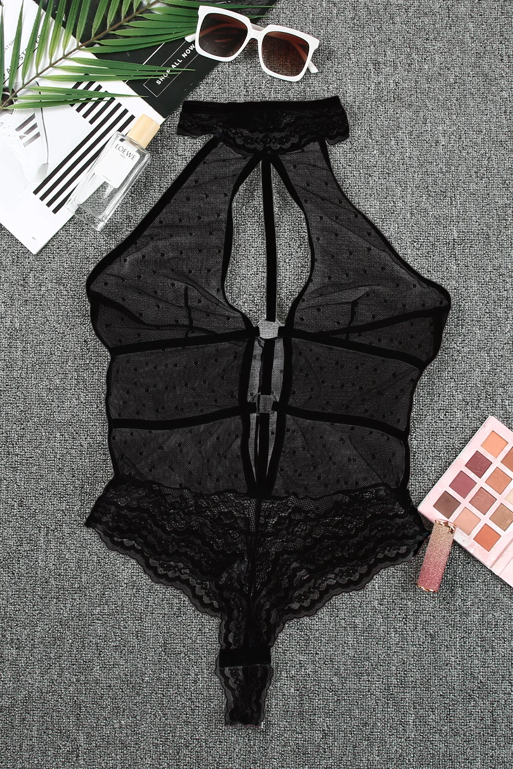 Black Lace High Neck O Ring Y2K Detail Dotty Mesh Bunny Sexy Teddy Costume Bodysuits Plus Size Teddies Lingerie