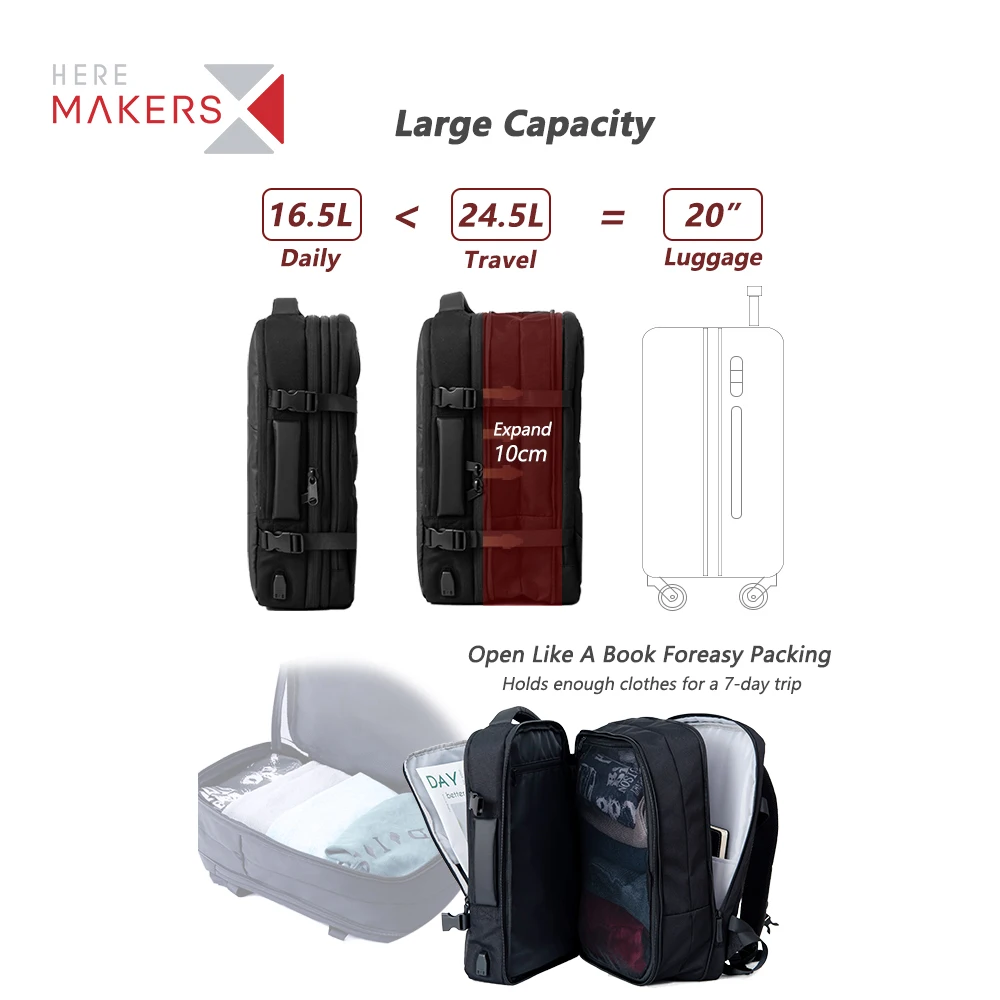 Factory Custom High Quality Travel Business Backpack Bag Mens 25L Extendable Laptop Backpack with USB