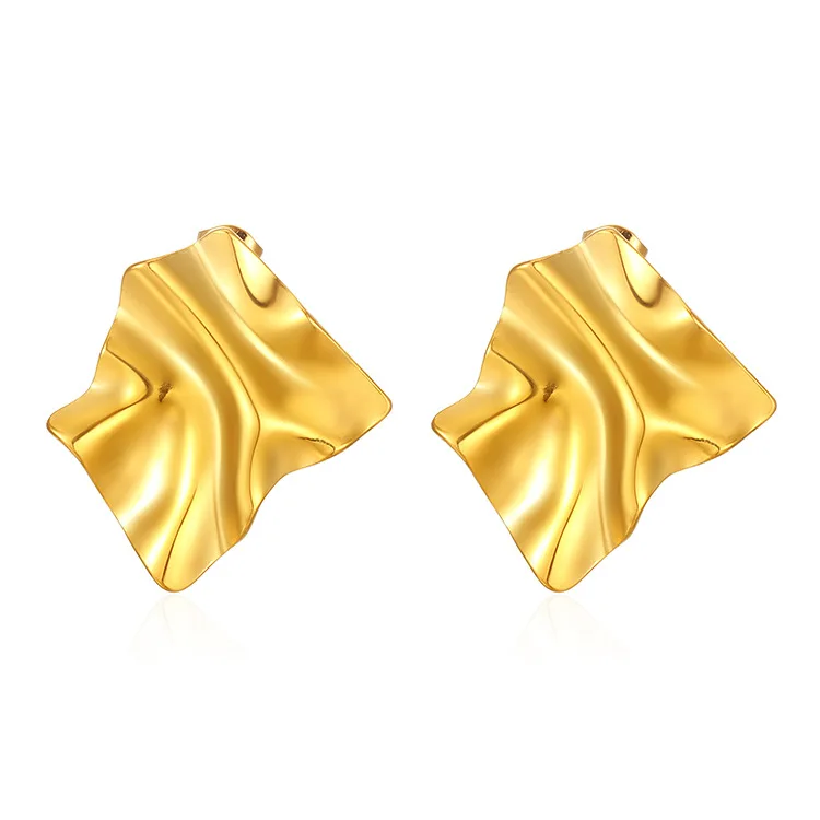 Stainless Steel Square Fold Textured Large Stud Earrings 18K Gold Plated Women Waterproof Jewelry Party