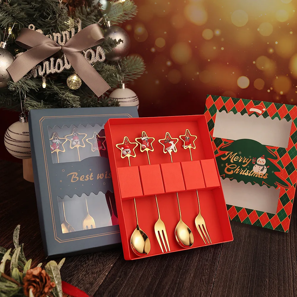 Factory direct Christmas spoon set stainless steel spoon cartoon dessert cake spoon creative tableware Christmas gifts