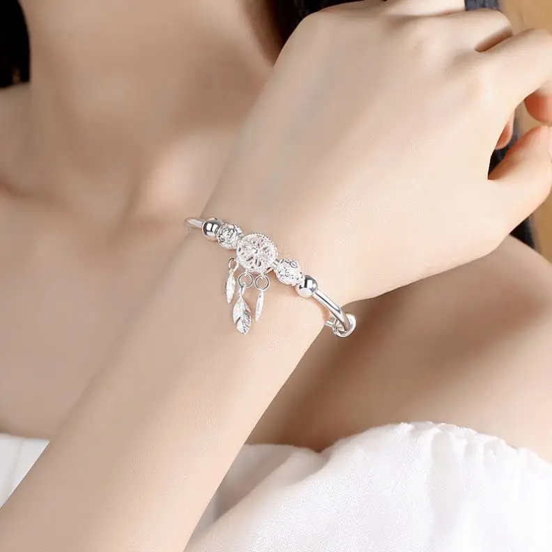 Wholesale Elegant Adjustable Silver Coated Dreamcatcher Tassel Round Bead Bangle Pulsera Bracelet For Women