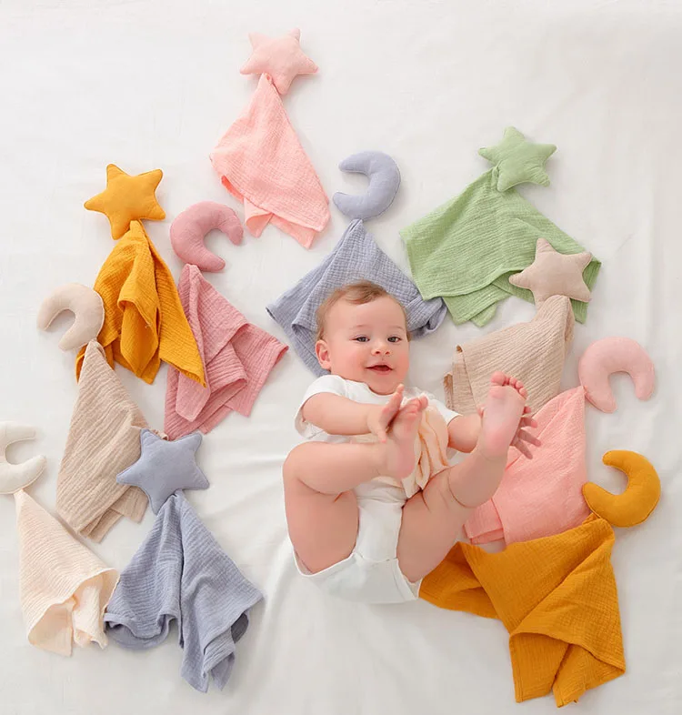 Lovey Moon Star Security Blanket Baby Comfort Toy Blanket Sleep Teether Soothing Baby Cotton Muslin Comforter Blanket
