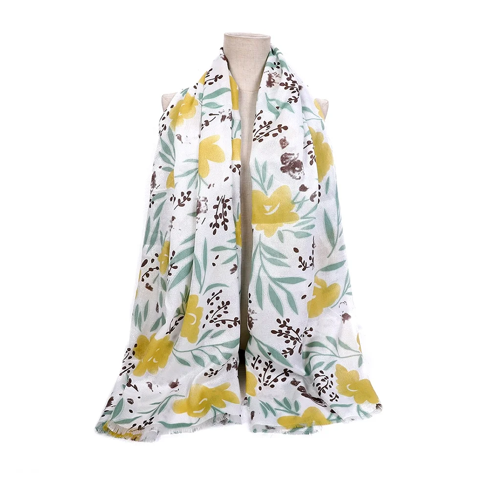 Bamboo Leaf Flower Print Headscarf Silk Scarf Wholesale Soft Warm Long Scarves For Women