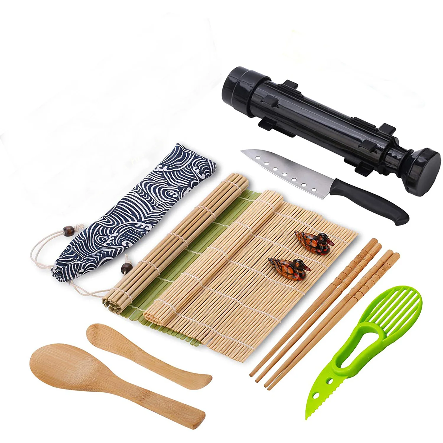 QZQ 12pcs Kitchen Set Equipment Beginners Easy Use Home Bamboo Roll Mat Rice Seaweed All One Wood Sushi Making Kit with Bazooka