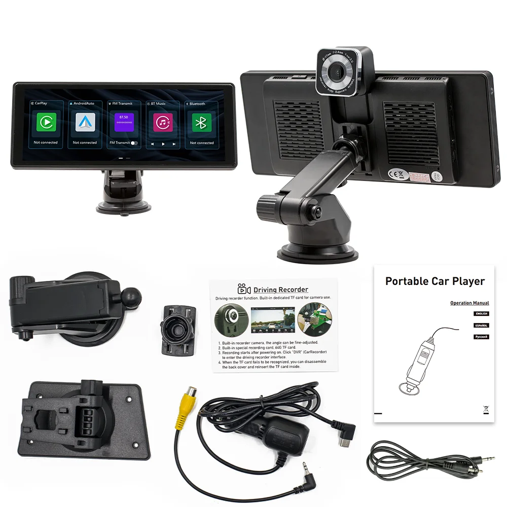 BQCC Portable Car Multimedia Player 10.26-inch IPS Screen Car DVR Wireless Carplay Android Auto Dash Cam GPS Navigation B5303R