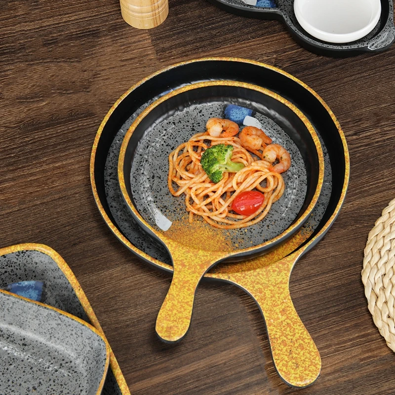 Unbreakable Melamine Dinnerware Restaurant Sky Series Dish with Handle Camping Plates Serving Hotel Food Pan