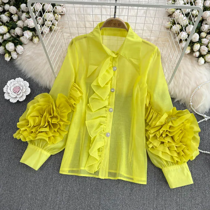 YM8846   Wholesale 2013 Korean Chic Candy Color Ruffles 3D Floral Loose Design Long Sleeve Shirt Blouse Shirt Tops 7