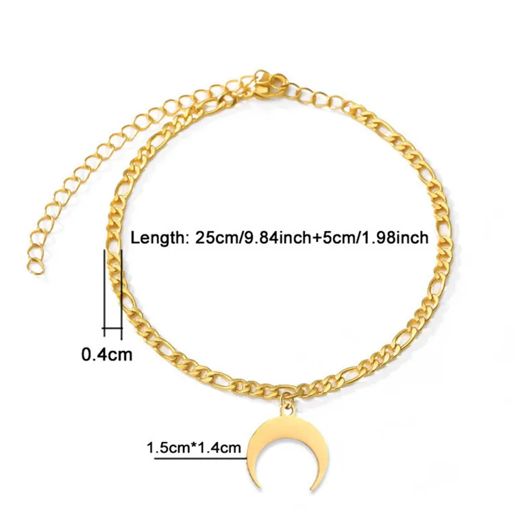 
SP Hot Selling Figaro Cuban Chain Anklet Moon Charm 18K Gold Stainless Steel Anklet 