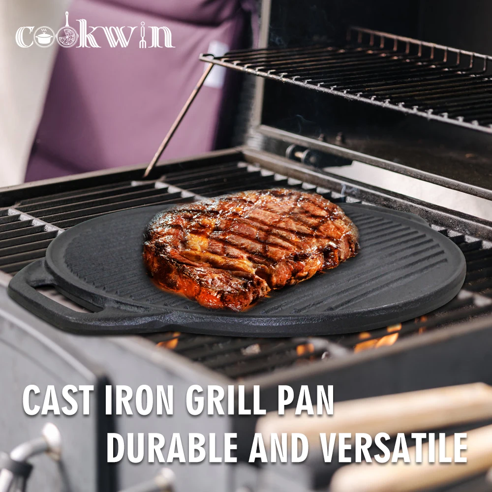 Heavy-Duty 42cm Cast Iron Skillet Nonstick Frying Pans Pre-seasoned Grill Pan Griddle Pan Cast Iron