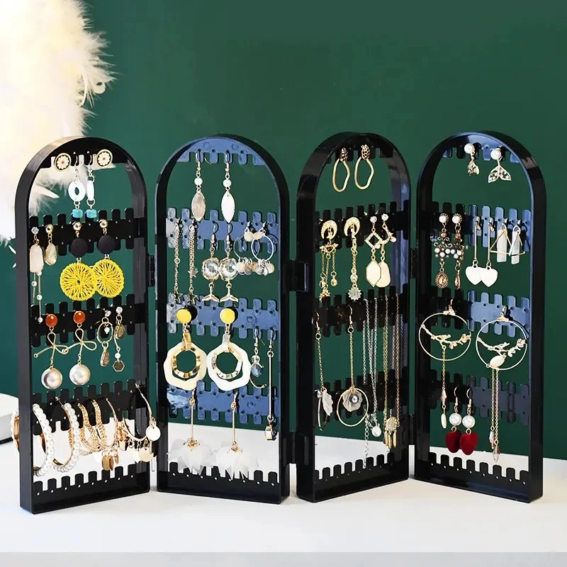 2 Doors Folding Transparent Jewelry Display Rack Necklace Pendant Holder Stud Earring Stand Clear Jewelry Storage Organizer
