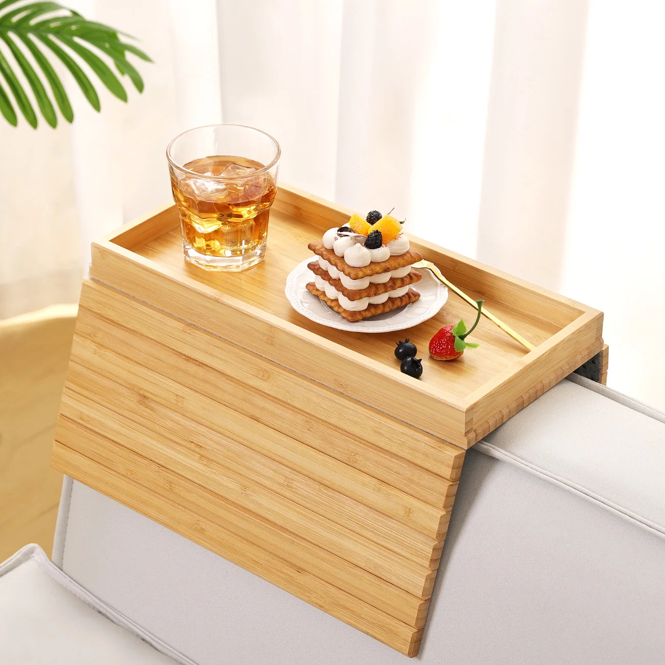 Bamboo wood Sofa Armrest Tray Anti-slip Arm Snack holder tray With Detachable Couch Cup Holder Tray
