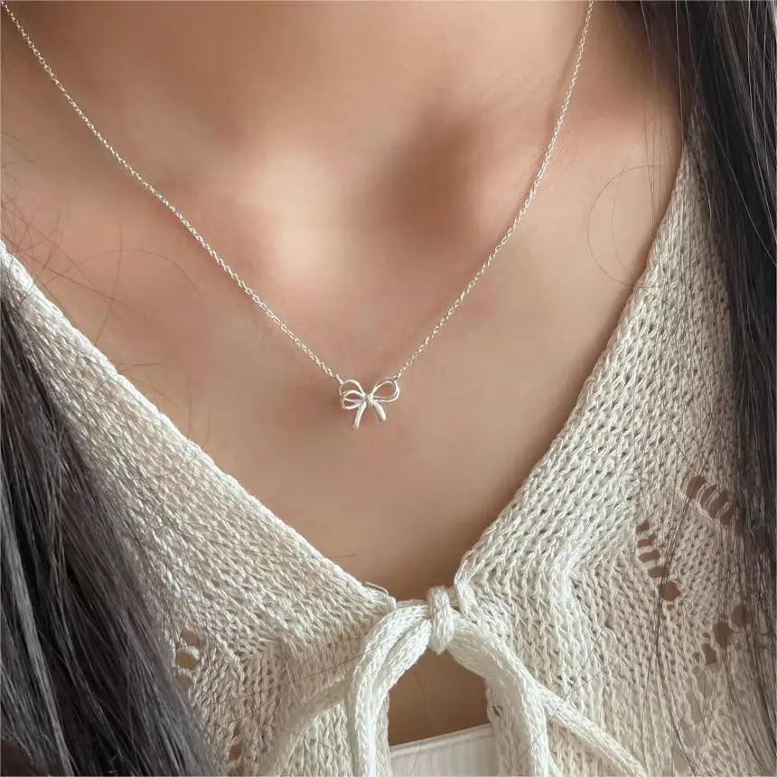 Fine Design Korea Jewelry 18k Gold Plated 925 Sterling Silver Bow Pendant Necklace Women Collarbone Chain Necklaces For Girls