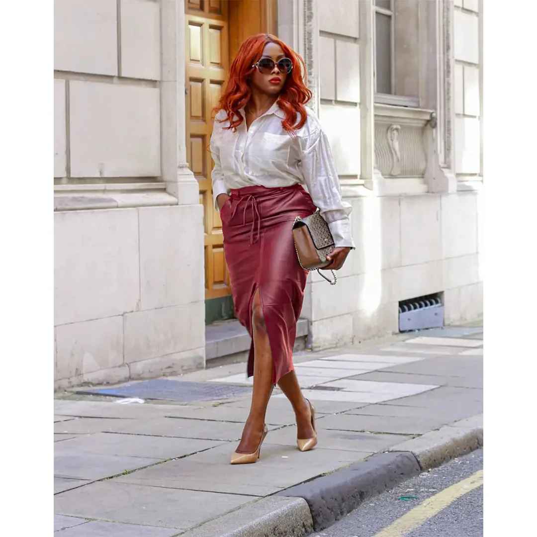 Think 2023 New Fall Women Clothing Trendy Drawstring Split Skirt Stretch Midi Leather Skirt for Ladies