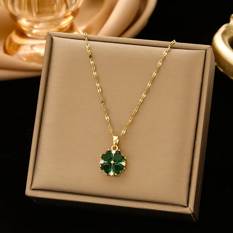 High Quality Four Leaf Clover Pendant Necklace Luxury Bling Crystal Lucky Charm Choker Women Fashion Fine Jewelry Accessories