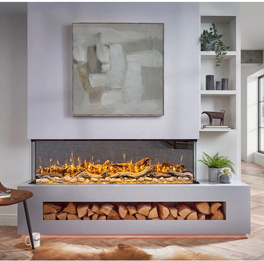 30-80 Inch3D Mirrored Crushed Diamond Fireplace Glowing Ember Bed Realistic LED Flame Insert 3 Sided Mirrored Electric Fireplace