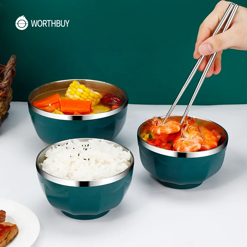 WORTHBUY Reusable 304 Stainless Steel Rice Bowl Kitchen Fruit Food Container Soup Snack Bowl For Kids