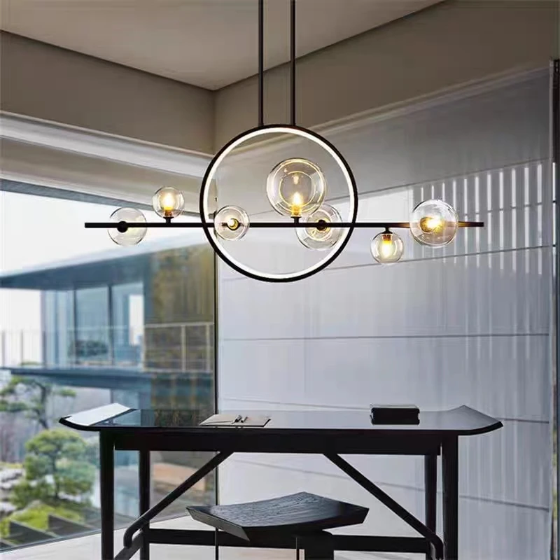 Hot sale Modern dimmable black color glass ball led dinner room long table pendant lighting chandelier