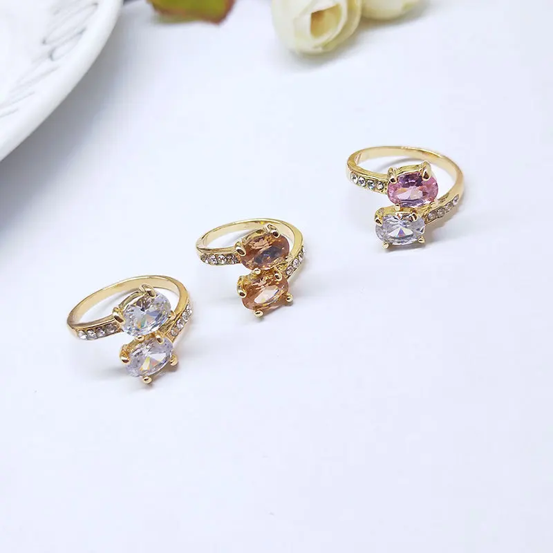 Wholesale Geometric Natural Stone Metal Inlaid Ring Jewelry Color Zircon Crystal Ring