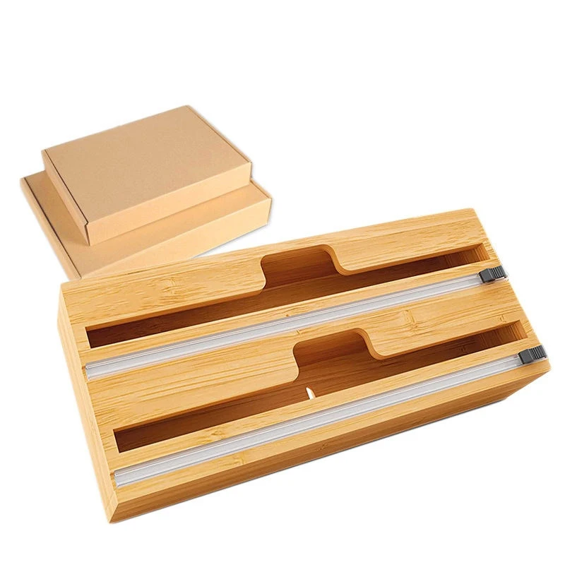 2 in 1 Bamboo Wood Aluminum Foil Kitchen Roll Organizer Holder and Paper Plastic Wrap Dispenser Storage With Zipper Cutter