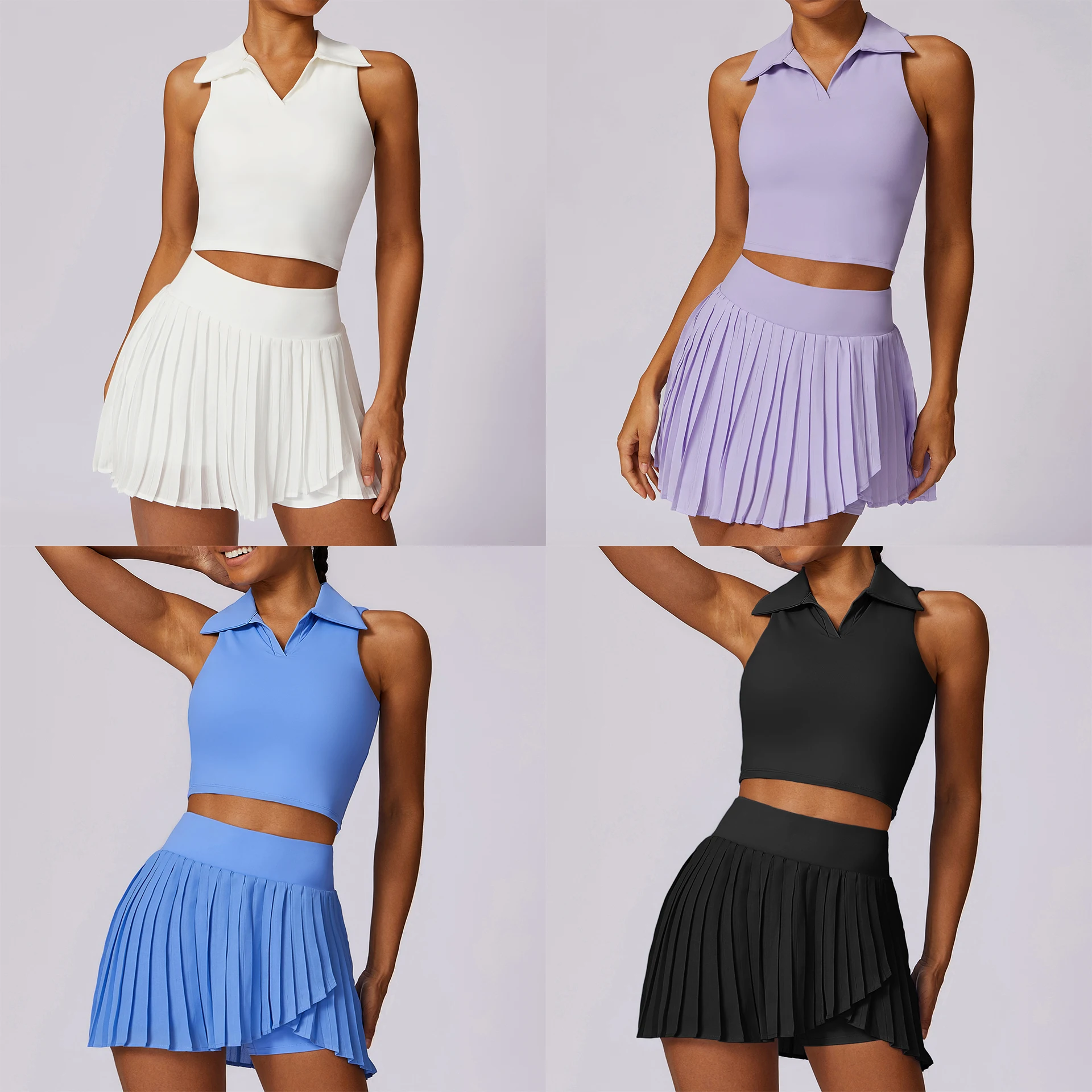 Pleated Tennis Wear Slim Fit Outdoor Athletic Skort Sports Pickleball Golf Sleeveless Polo Vest And Skirt Set