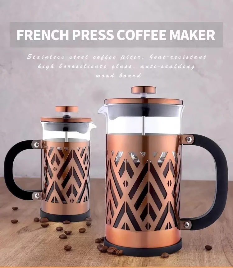 Rose Golden Paint French Press Coffee Maker,Copper Stainless Steel Coffee Press,Heat Resistant Thickened Borosilicat Coffee Pot
