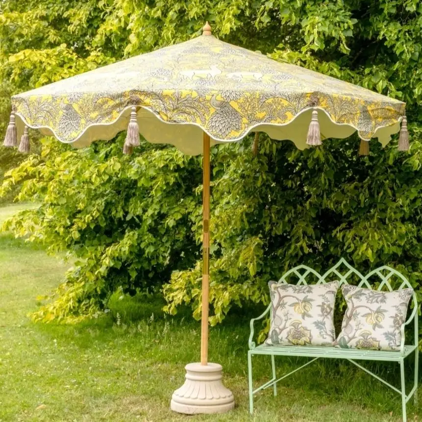 Outdoor Patio Table Umbrella with Cotton Tassels, Outdoor Premium Wood Canvas Commercial Octagonal Garden Poolside Sun Parasol
