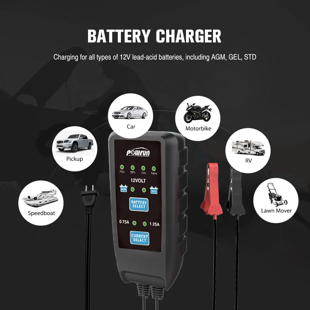 POWRUN 12V Repair Type Lead-acid Battery Maintainer Emergency STD AGM GEL Battery Desulfator Maintainer for Truck