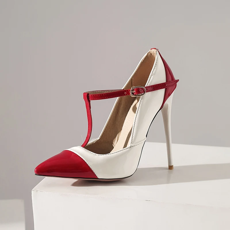 
Fashion Patchwork Pointed Toe Banquet Sexy T Strap Thin Heels Pumps for Ladies 