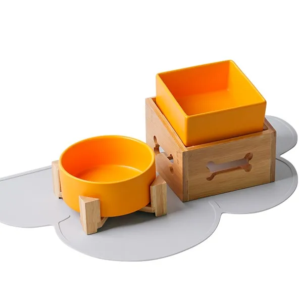 Wholesale New Arrival Round And Square Ceramic Pet Bowl With Bamboo Stand For Cat And Dog