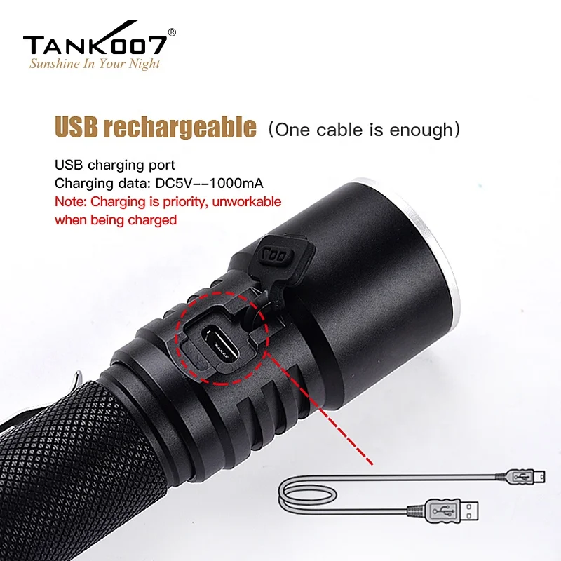 Tank007 изготовленным на заказ логосом Дальний свет заряжаемый T6 Ручной USB flash light портативный многофункциональный тело факел светодиодный