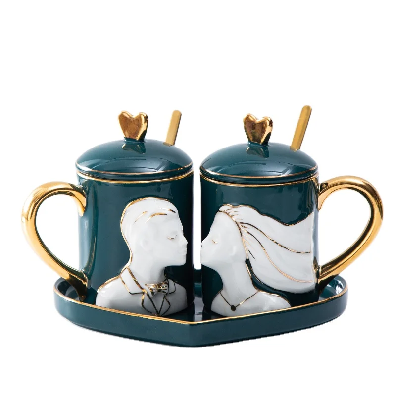 Coffee cup with spoon set lovers cup set saucer set hand-painted gold teacup gift box
