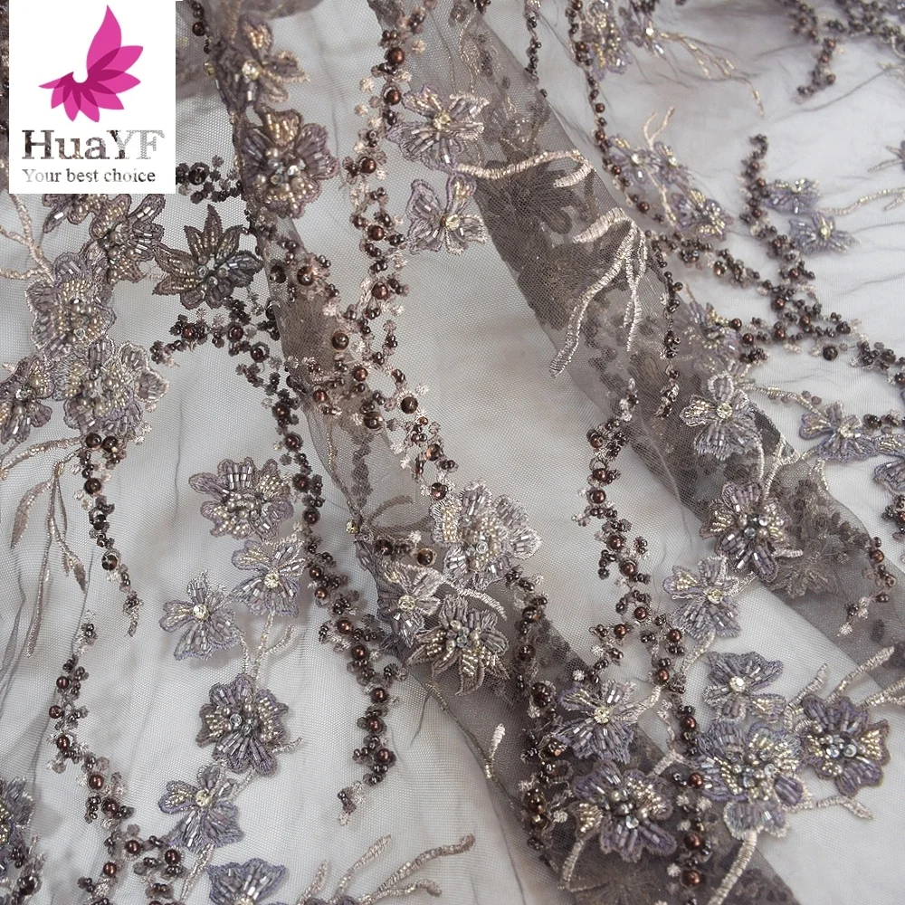 Luxury 3d  fabrics tulle lace with beads french fashion lace fabric for wedding  HY1219-1