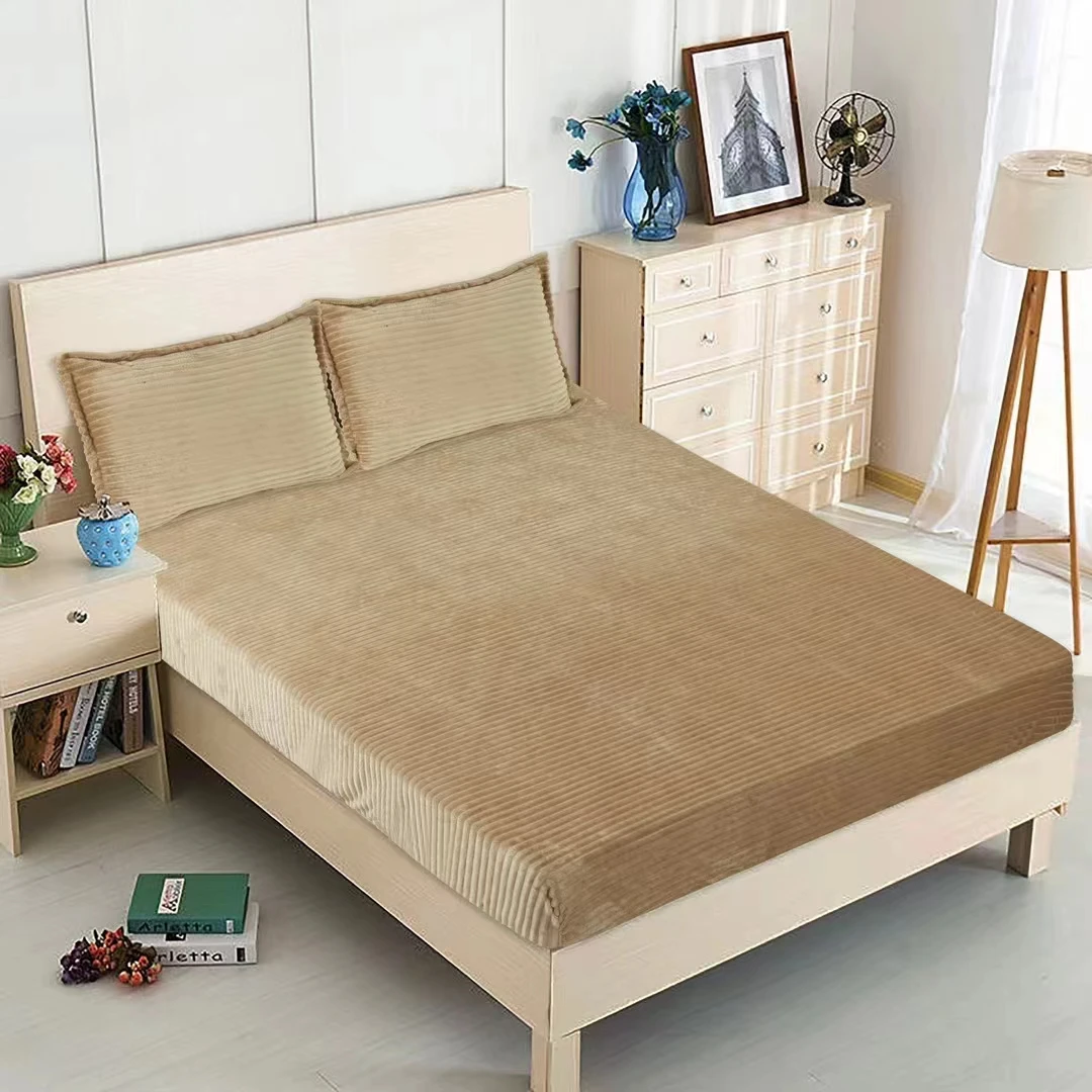 High Weight Flannel Fleece Bedding 3PCS Set Nature Solid Super Soft Coral Velvet Winter Bed Linen Deep Pocket Fitted Sheet Set