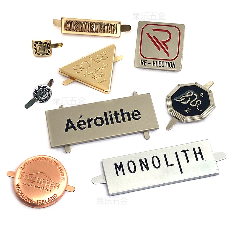 Sock label pin logo metal clothing hardware hand fixed  zinc alloy custom bag metal nameplate with pin u leg backside