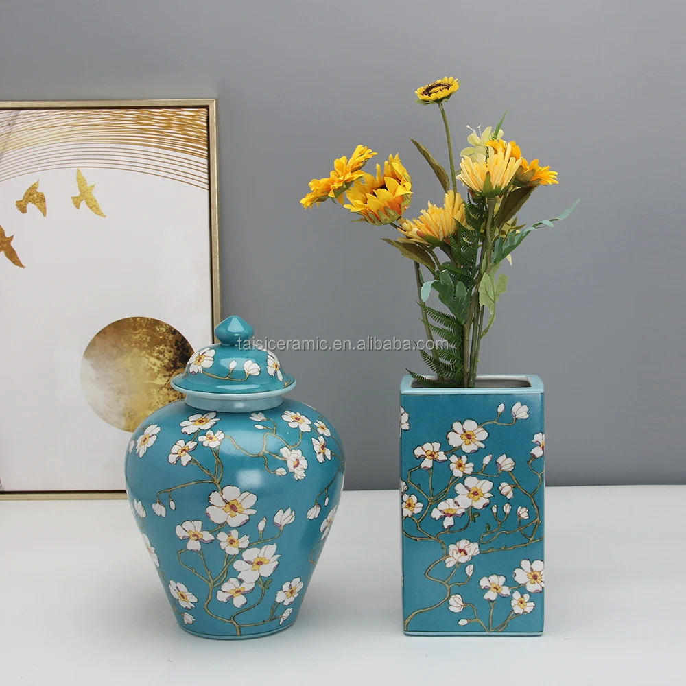 J182 Elegant Ceramic Blue Flower Jar Retro Decoration Home Furnishing Custom Porcelain Ginger Vase