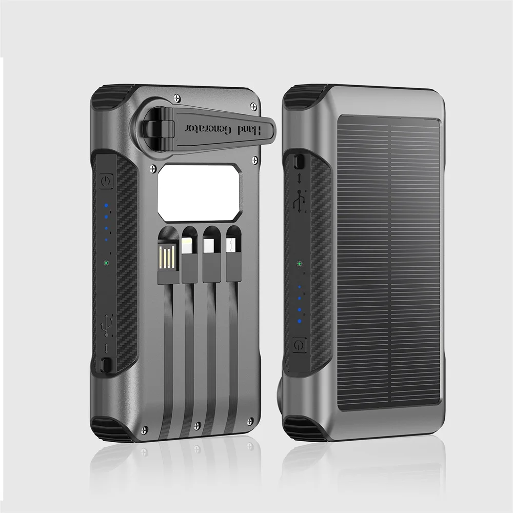 Hand cranked Solar Power Bank 10000mAh External Battery Pack Portable Charger with Micro Type C Cables