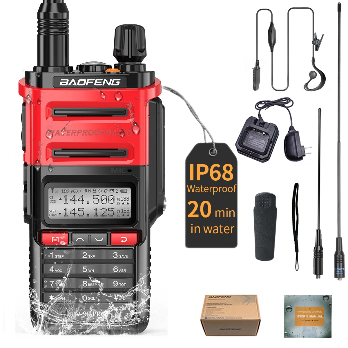 Baofeng UV-9R PRO IP68 Waterproof Walkie Talkie Dual Band 136-174/400-520MHz Upgraded Of BF-UV9R Plus 2 Way Radio + 771 Antenna