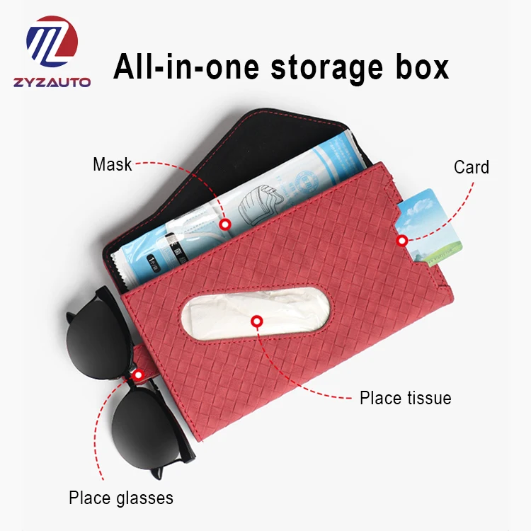 ZY Multi-function Tissue Holder Glasses Clip Car Sun Visors Tissue Storage Leather Material Tissue Box For Car