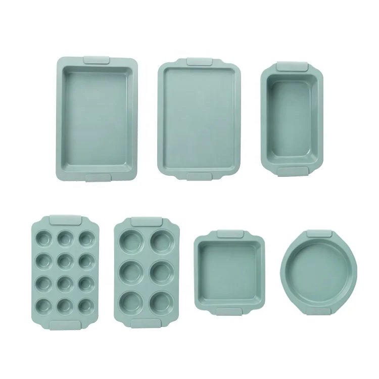 Maisons Bakeware Set 7-Piece Non Stick Carbon Steel Cookie Sheet Cake Pans Baking Tray with Silicone Handles