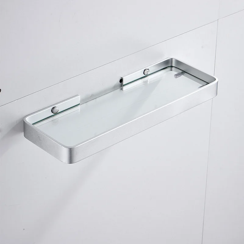 Bathroom Shelving Solution Rectangular Tempered Glass Bathroom Shelf Wall Mounted with Aluminum Frame Shower Storage Organizer