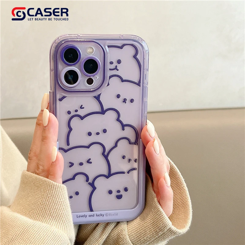 Ins Style Cartoon Purple Little Bear Phone Case With Stand Popular Lovely And Lucky Girl Mobile Phone Cover For Iphone 15 14