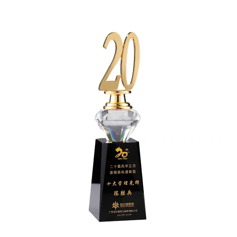 MH-NJ004 Gold Metal Number 5 10 15 20  25 30 Years Event Crystal Trophy Award With Black Base