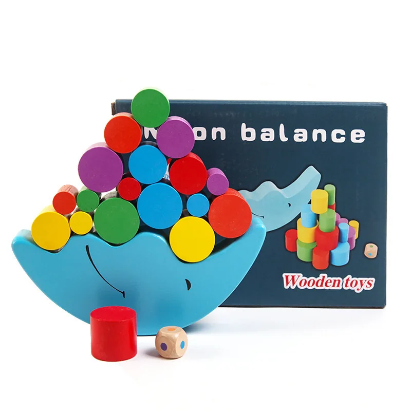 Kids early educational toys balance practice moon and ship wooden stacking block
