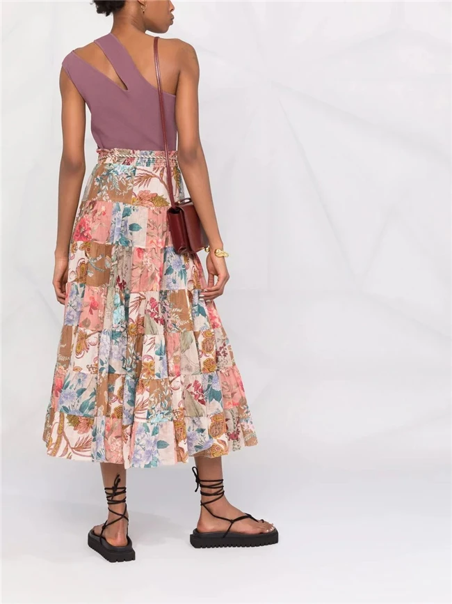 2023 Summer Women Custom Elegant A Line Long Smock Cotton Multi Color Floral Pleated Midi Skirts with Rope